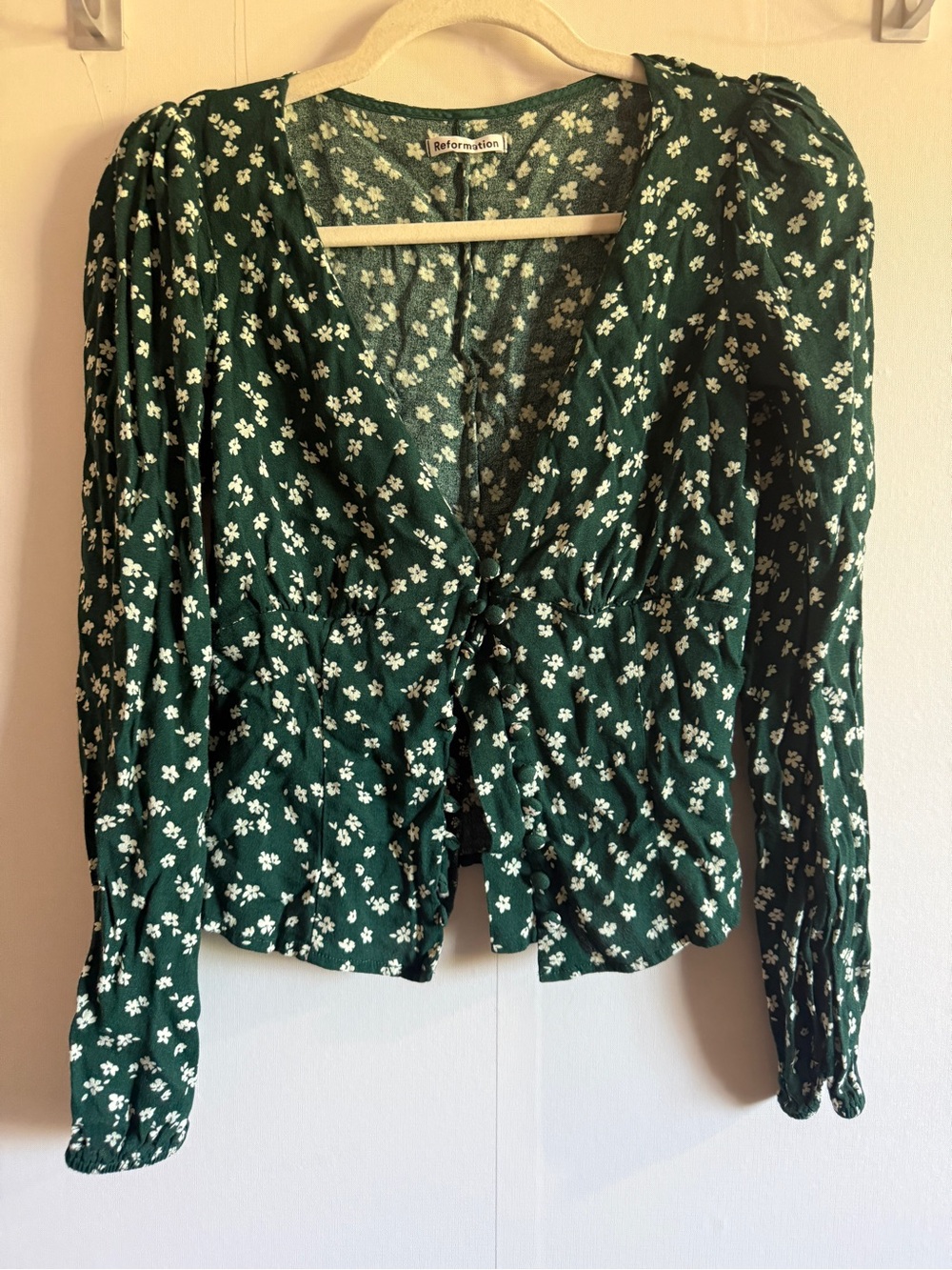Reformation M Green Floral Puff Sleeve Button Front Waist Blouse